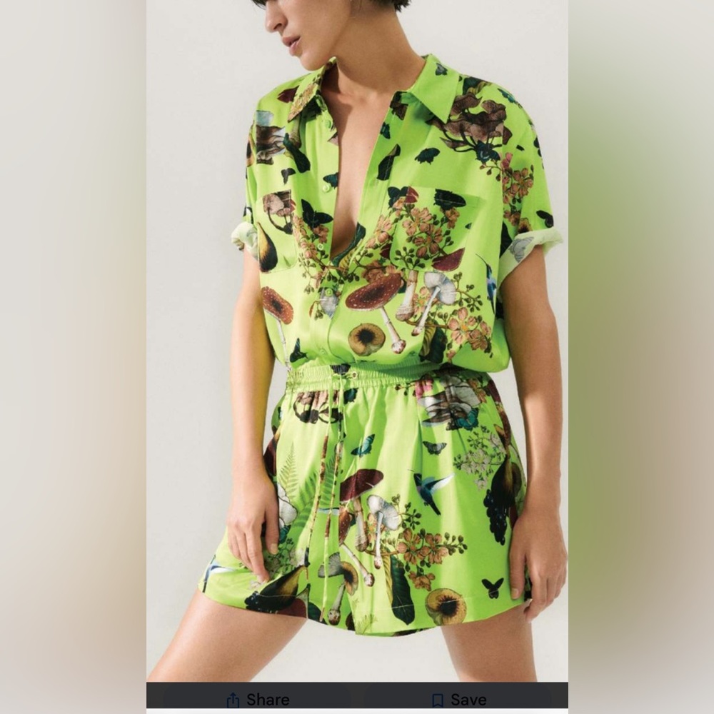 Silk Laundry Magic Mushroom Fern Silk Boyfriend Shirt Top